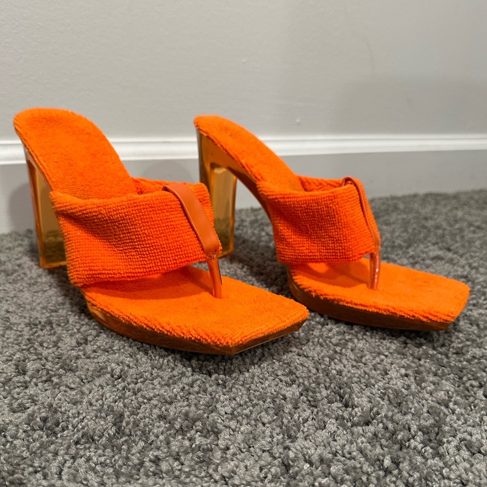 Retro 70’s Inspired Dolls Kill Orange Terry Cloth Acrylic Heels Size 8